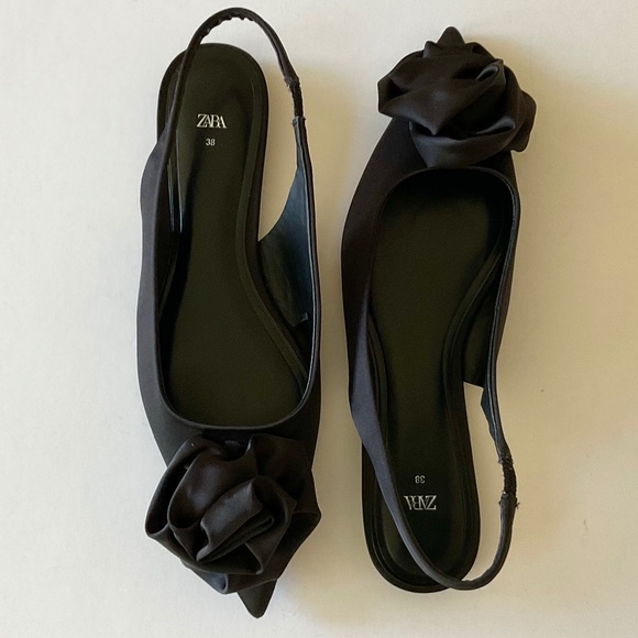 ZARA Slingback Flat Flower Pointed Toe Black Size EU 38 - Picture 2 of 9